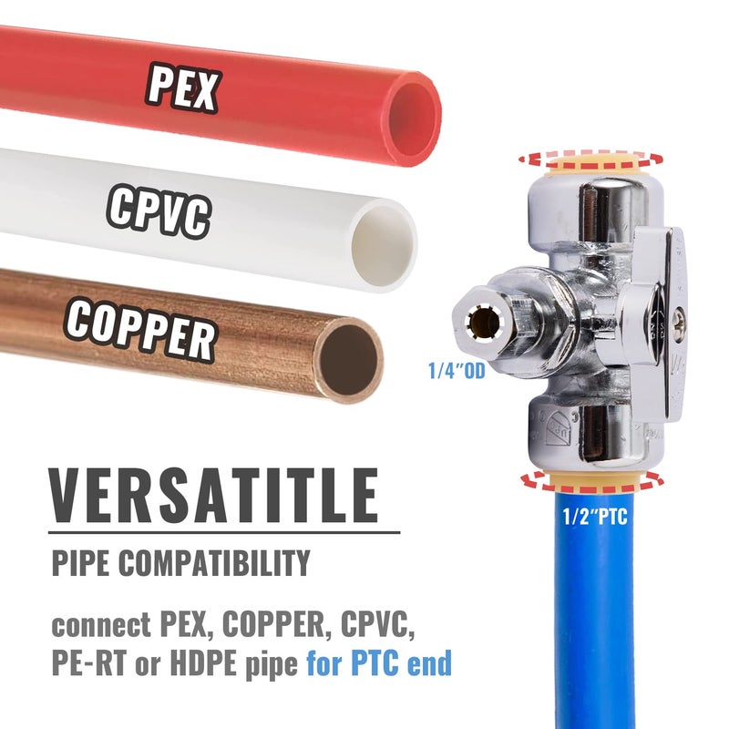 SUNGATOR Service Tee Stop Valve, 1/2 Inch Ptc x 1/2 Inch Ptc x 1/4 Inch Compression, No Lead 1/4 Turn Push Fit Water Valve Shut Off with Disconnect Clip, Push-to-Connect PEX, Copper, CPVC (2-Pack) - Image 4